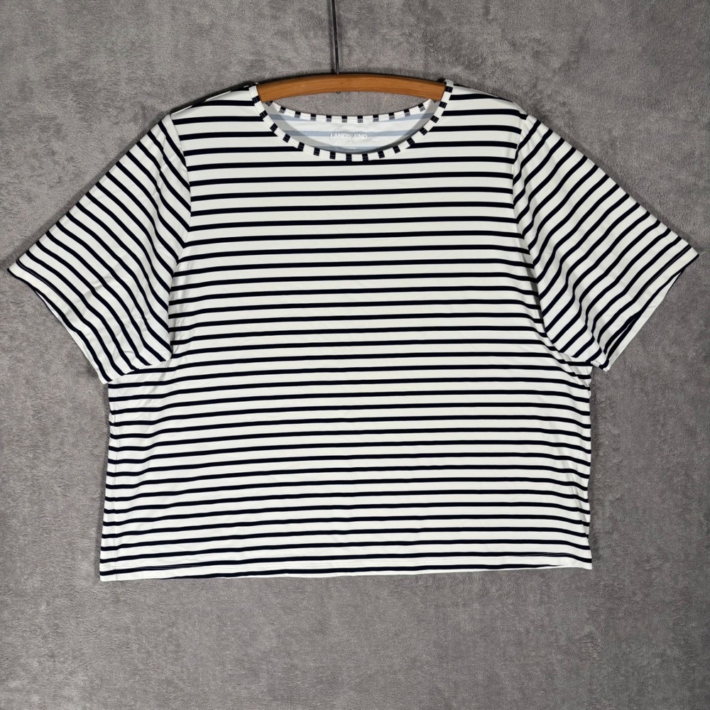 Lands End Striped T Shirt Top Womens 2X Navy White Nautical Crew Neck UPF 50‎